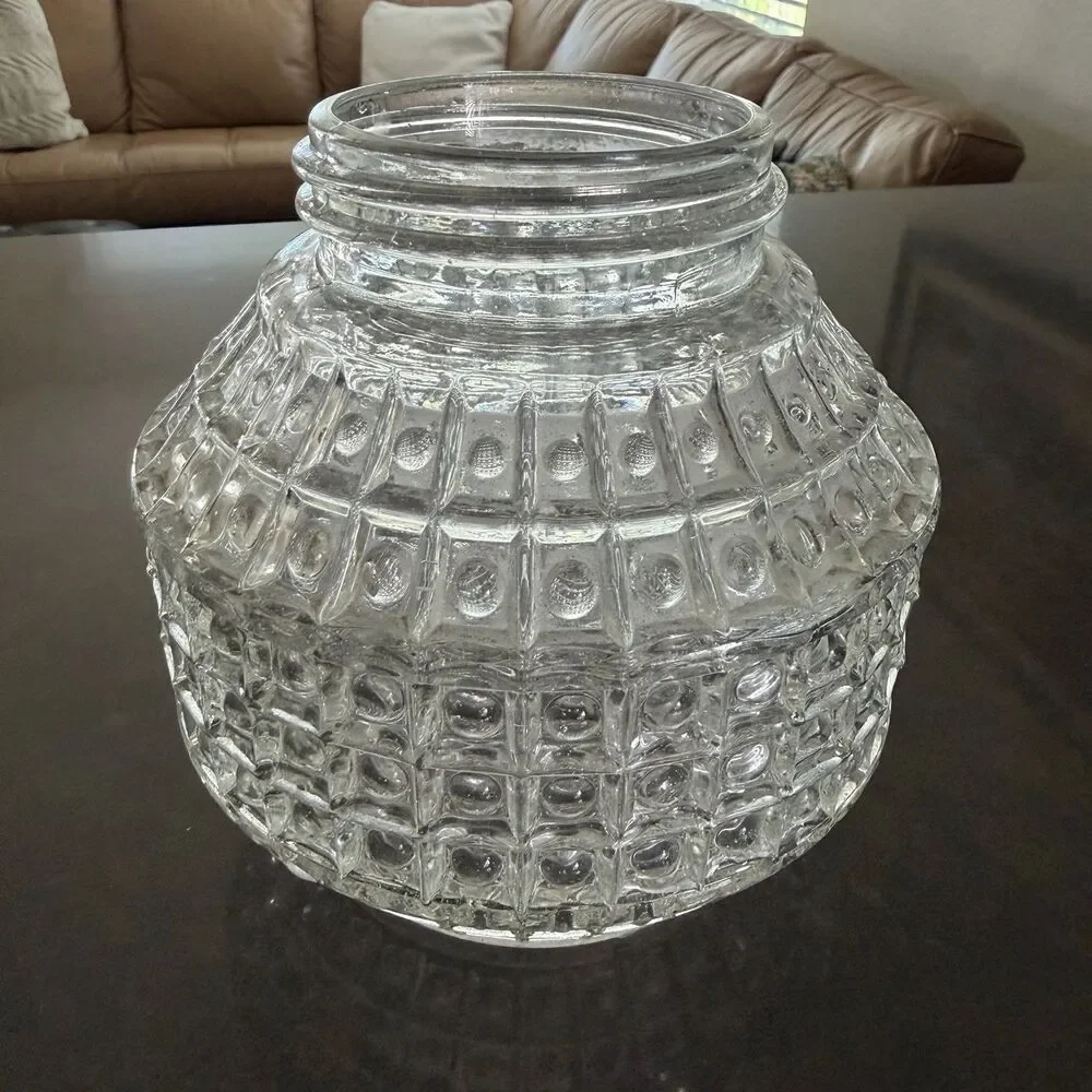 Vtg Waffle Block Pattern Flush Mount Clear Glass Ball Globe Shade Light Fixture
